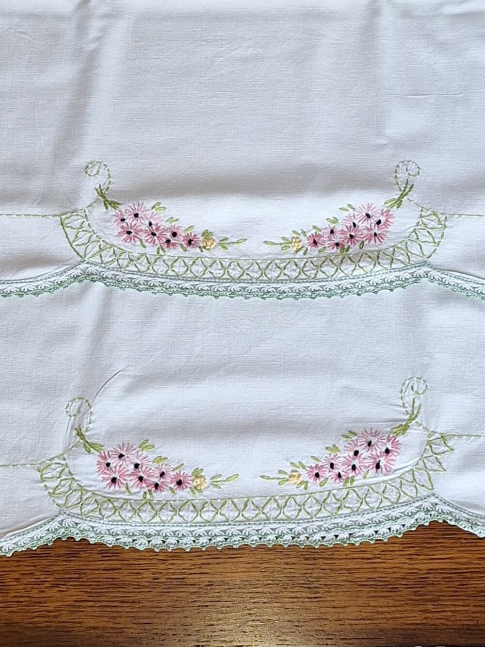 Embroidered Pillow Cases Pink Flowers & Green